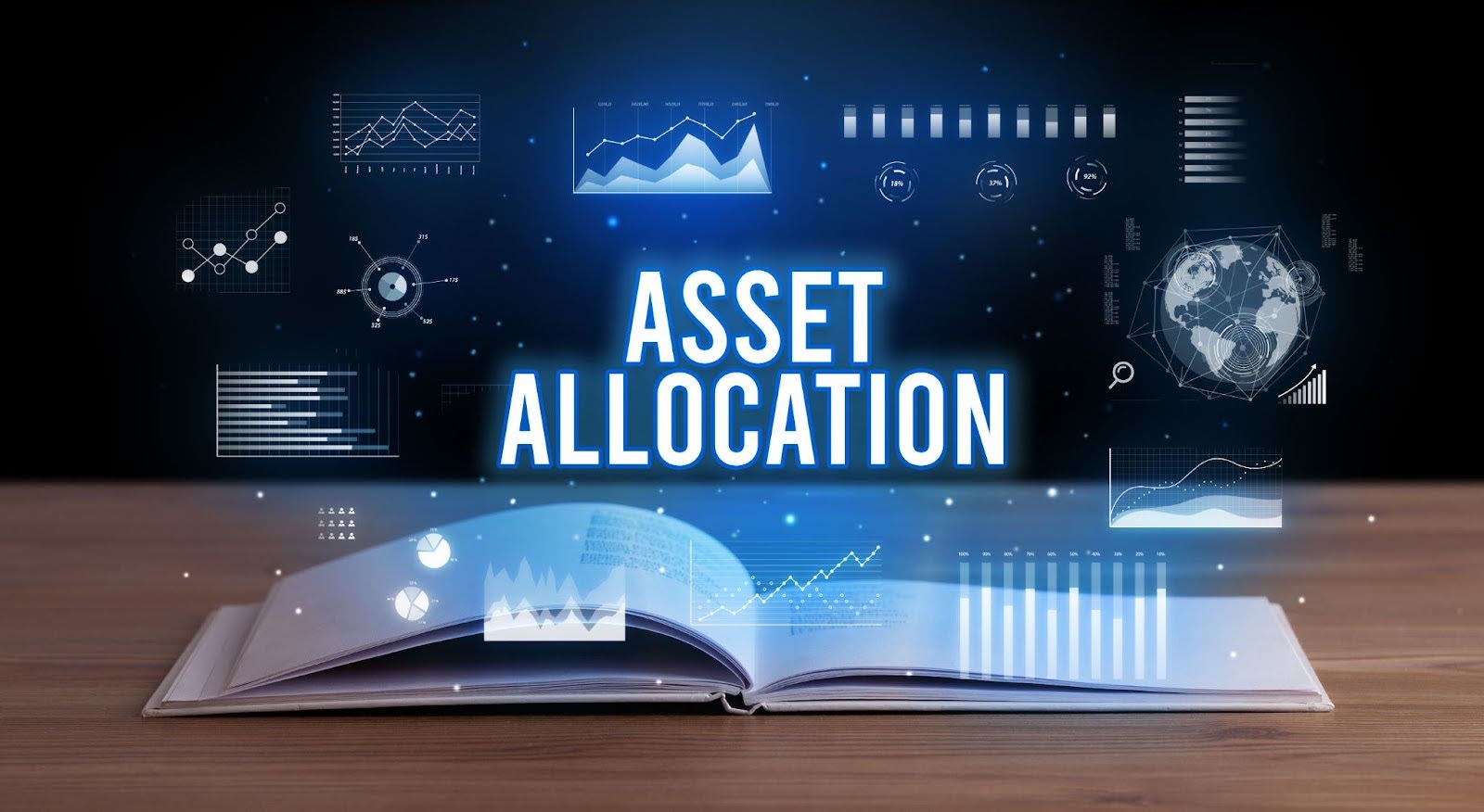 Asset allocation computer graphic with words hovering over an open book.