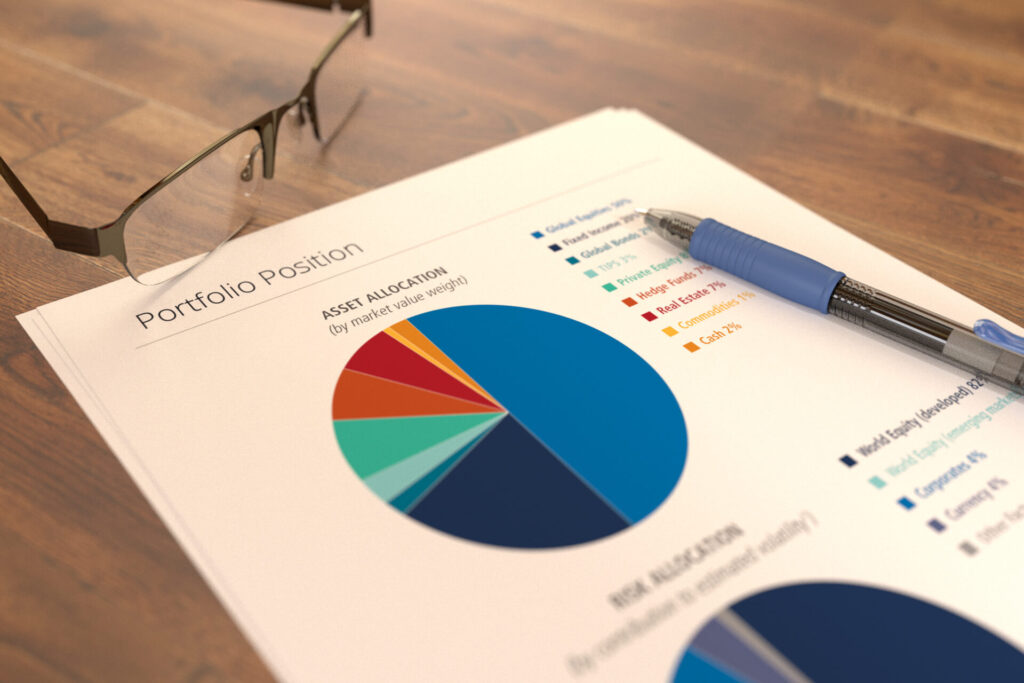 Portfolio Position printout showing asset allocation pie chart.