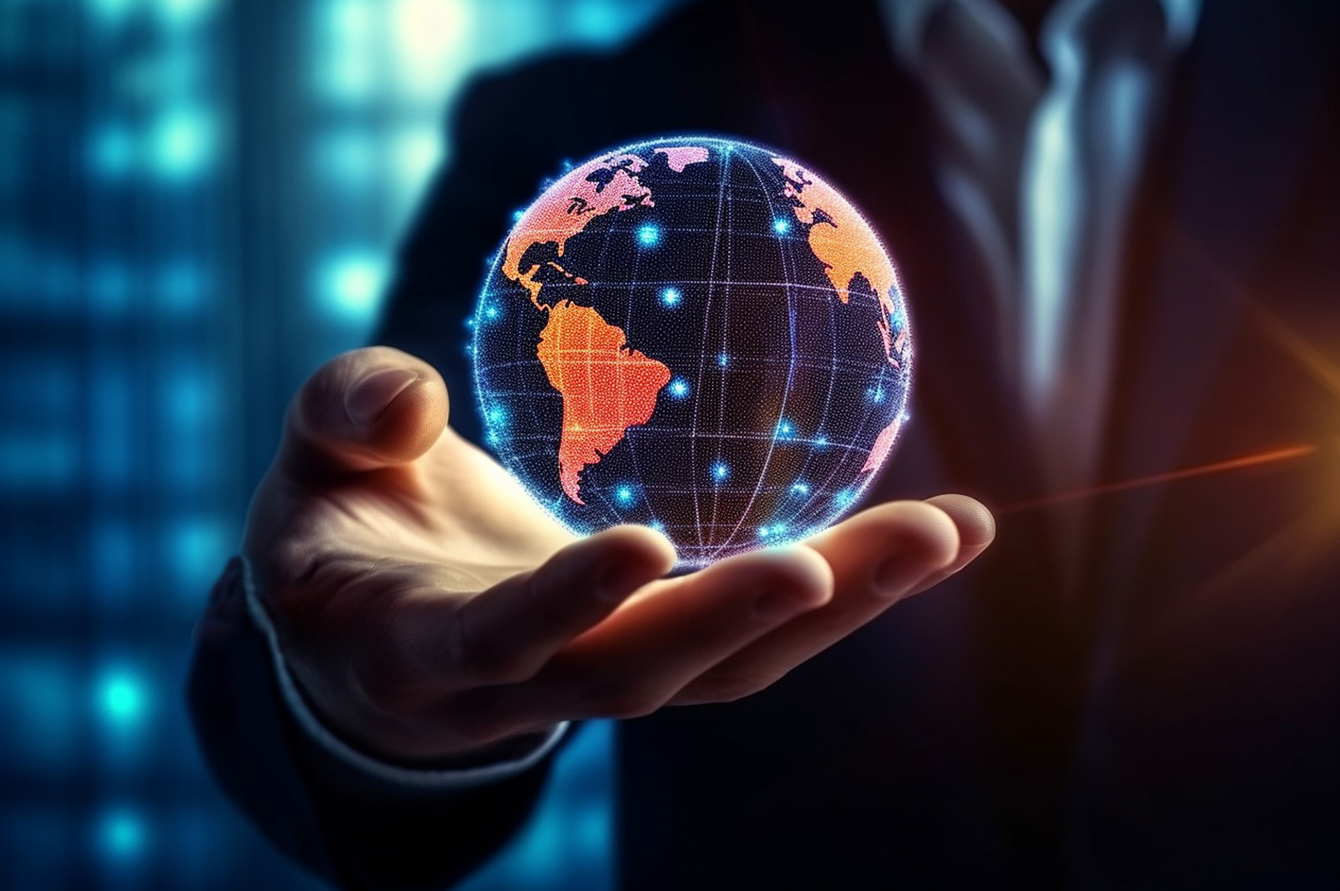 Hand holding up virtual globe representing international investing